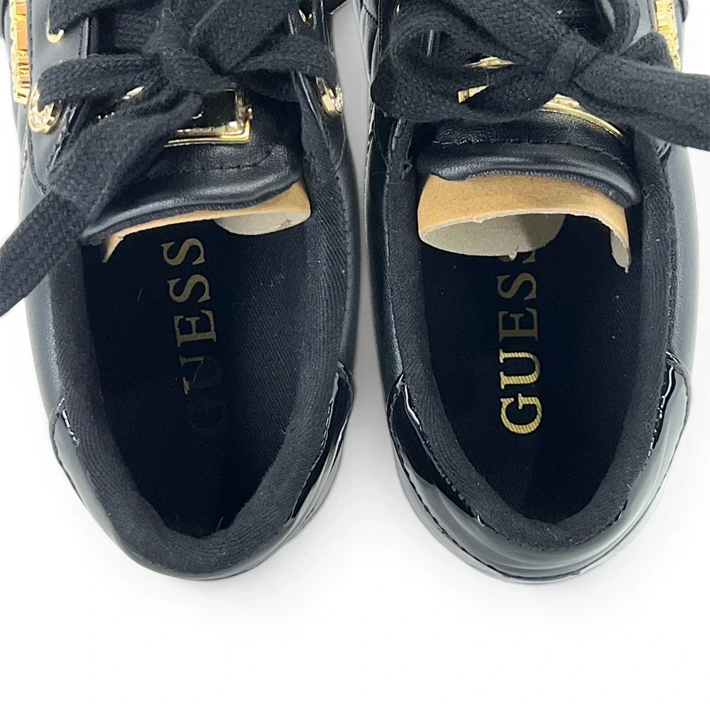 GUESS Loven Women’s 6.5 Black Quilted Platform Sneakers Gold Accent